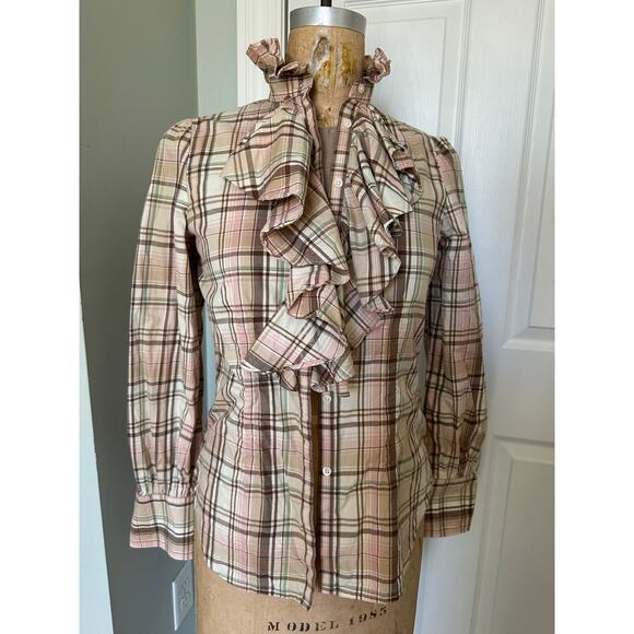 Lauren ralph lauren plaid ruffle front button down shirt peach cream S Petite - Picture 10 of 11